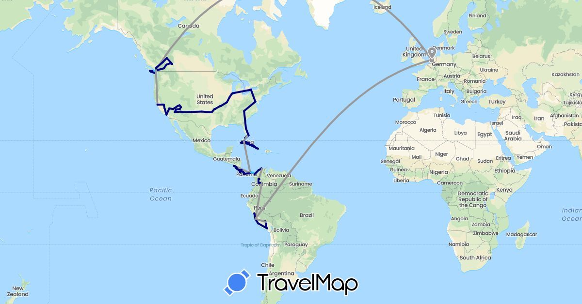 TravelMap itinerary: driving, plane, boat in Canada, Colombia, Costa Rica, Cuba, Nicaragua, Netherlands, Panama, Peru, United States (Europe, North America, South America)